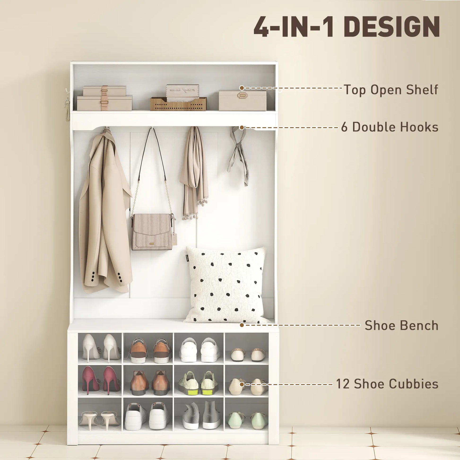 4-In-1 Hall Tree with Bench, Shoe Storage, 12 Cubbies, 6 Hooks, White Clothing Storage at Gallery Canada