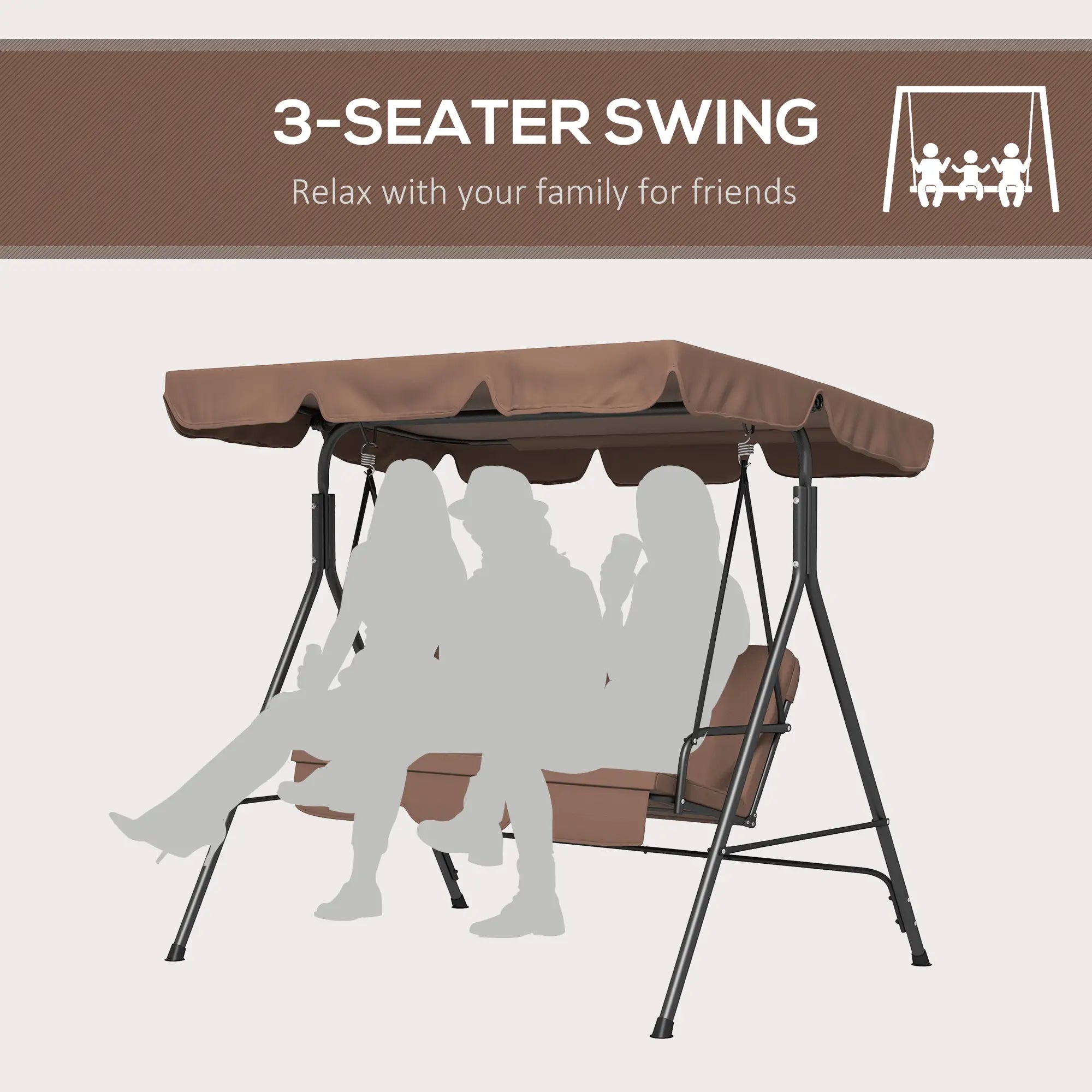 3-Seater Outdoor Porch Swing, Adjustable Canopy, Brown Patio Swings with Stand at Gallery Canada