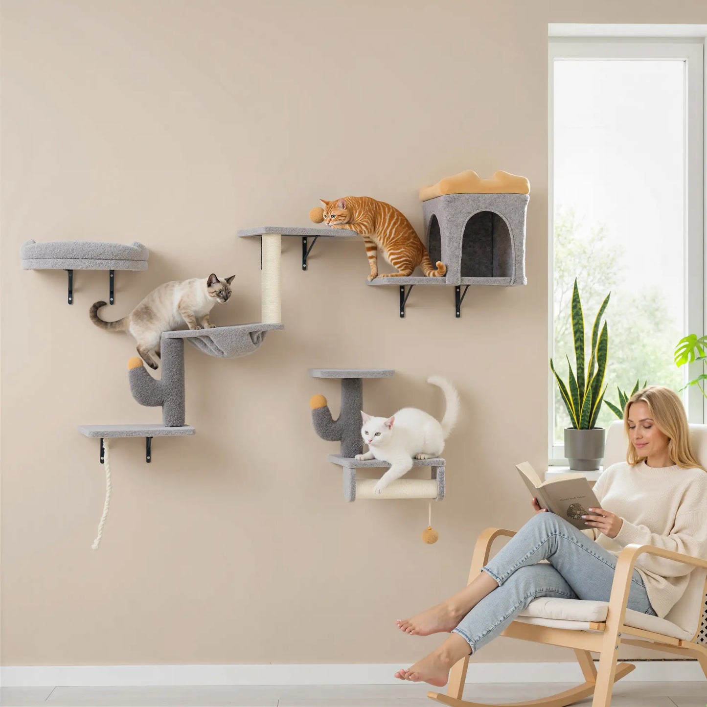 Cat Wall Shelves, 4 Pcs Set with Scratching Posts, Condo, Hammock, Perchs, Light Grey Cat Climbing Wall at Gallery Canada