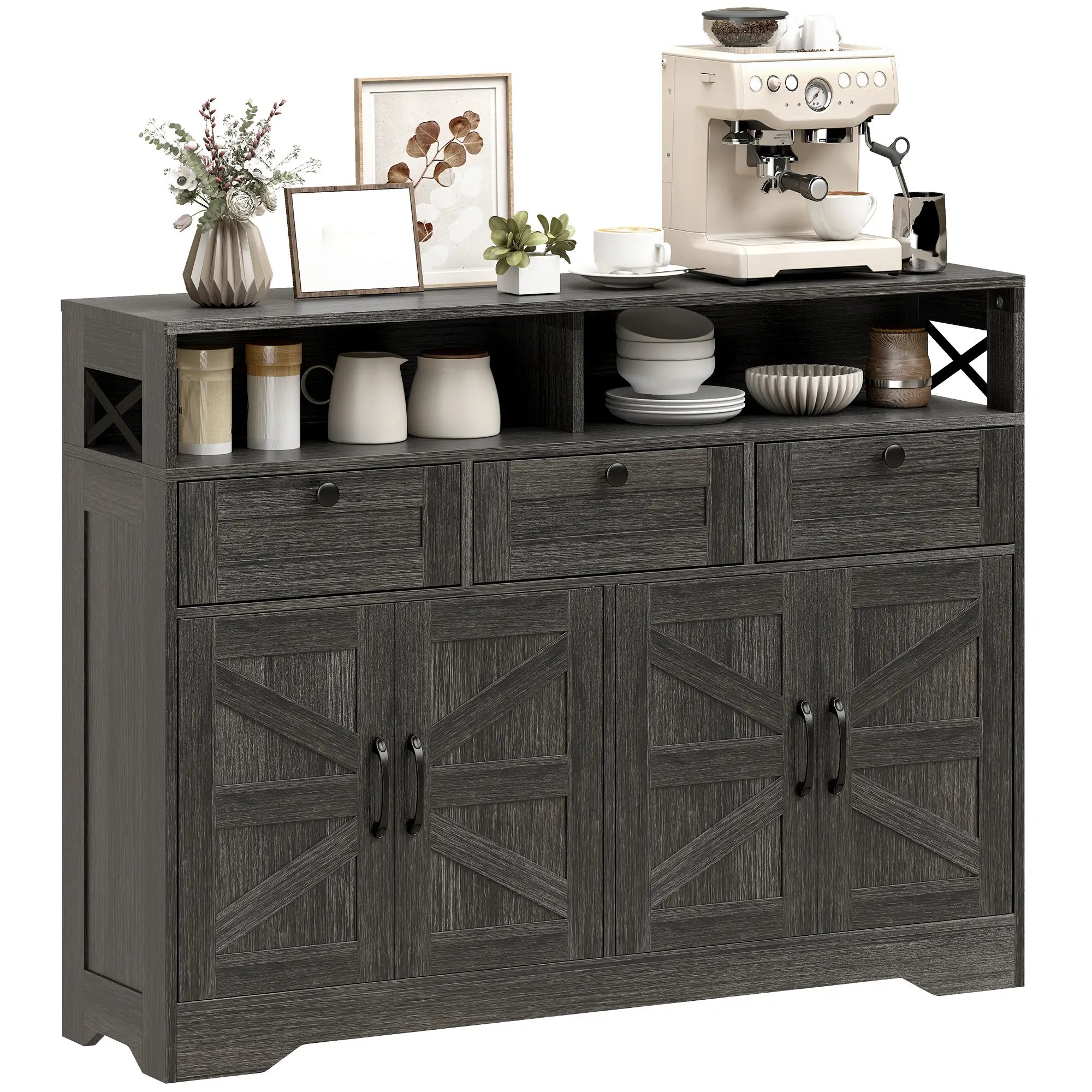 Sideboard Buffet Cabinet, 4 Barn Doors 3 Drawers, Coffee Bar, Adjustable Shelves, Dark Brown Bar Cabinets at Gallery Canada