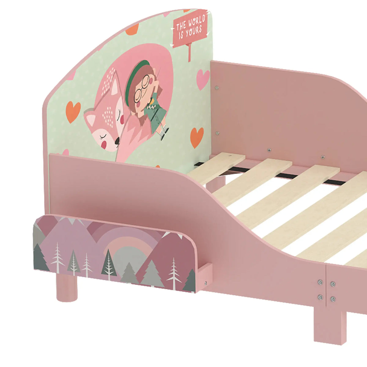 Toddler Bed, Bedside Storage, Guard Rails, 132x70x10cm, Pink Fox Print