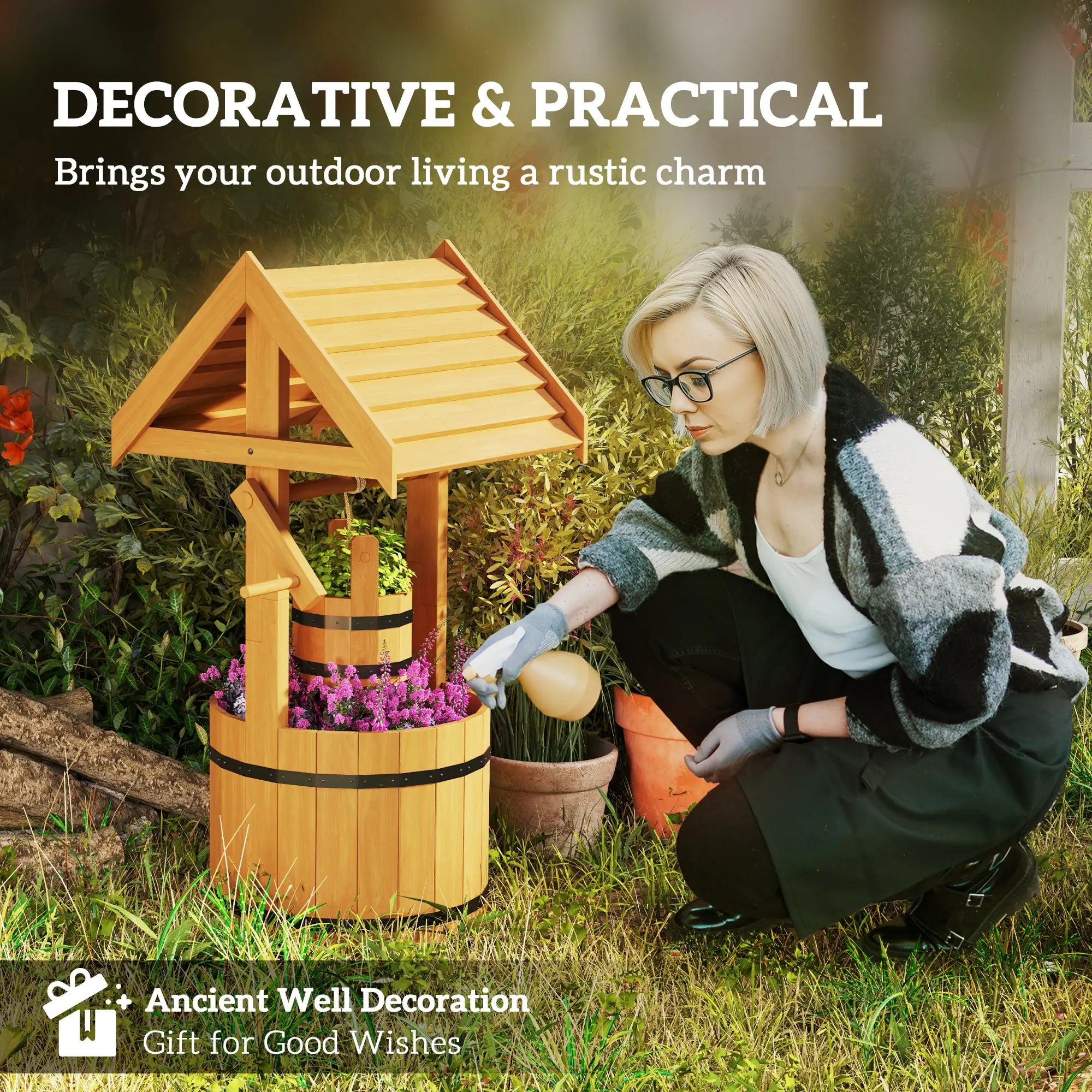 Wood Wishing Well Planter, Hanging Bucket, Drainage Hole, Orange Garden Decor at Gallery Canada