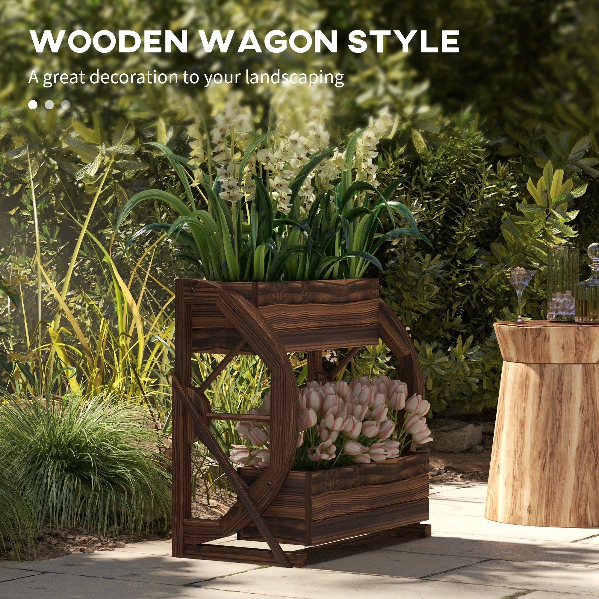 Wooden Wagon Planter Box, 2-Tier Raised Garden Bed, Vegetables Flowers Herbs Wooden Planter Boxes at Gallery Canada