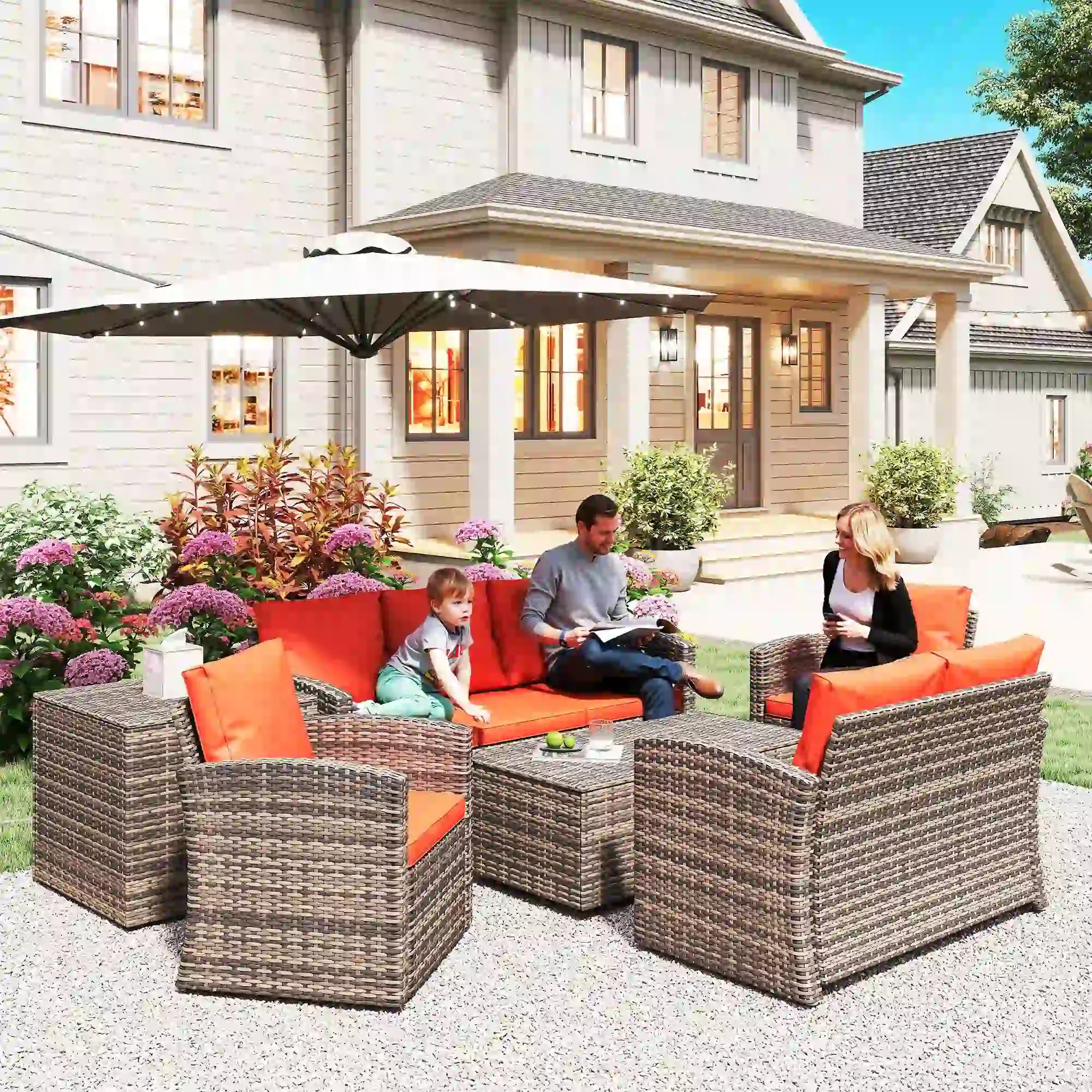 6-Piece Wicker Patio Set with Cushions, 7-Seater Rattan Sofa, Orange Patio Furniture Sets at Gallery Canada
