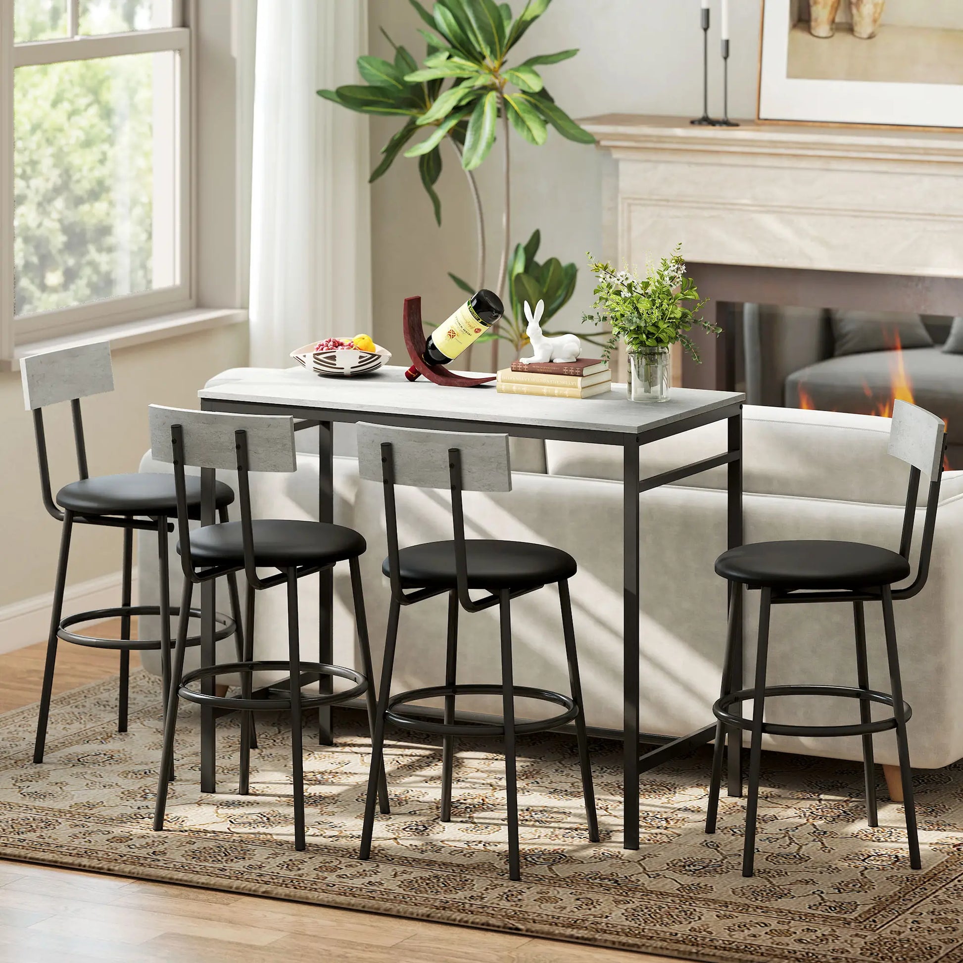 5-Piece Industrial Bar Table Set, 4 Stools with Footrest, Cement Grey Bar Sets at Gallery Canada