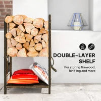 Support à bois de chauffage à 2 niveaux avec 4 outils, capacité de 220 livres, brun café