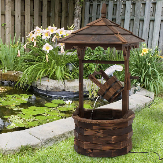 Outdoor Waterfall Fountain With Pump, Natural Wood Wishing Well, 22.5x22.5x47.25