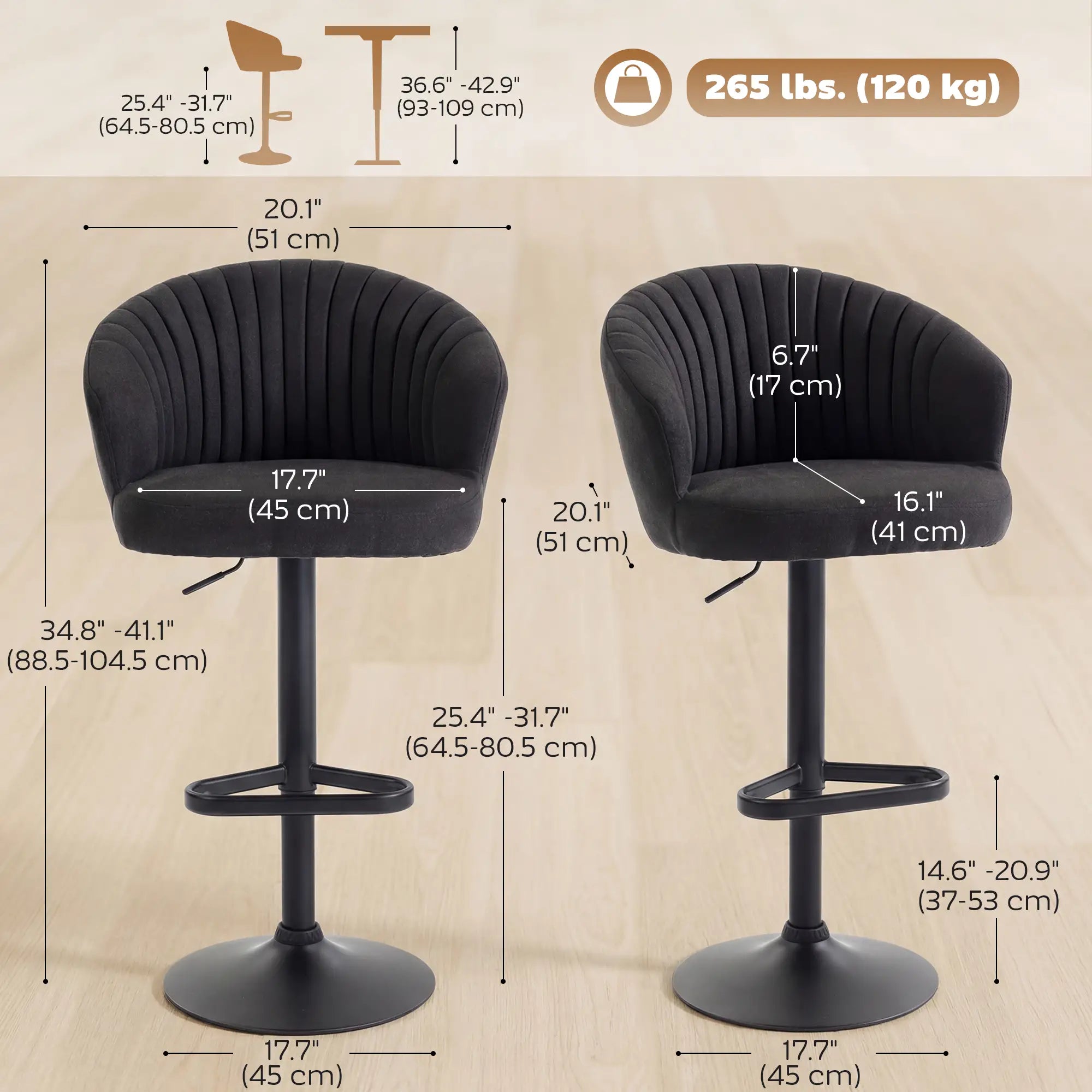 Adjustable Bar Stools Set of 2, Upholstered Kitchen Stools, Steel Frame, Black Bar Stools at Gallery Canada