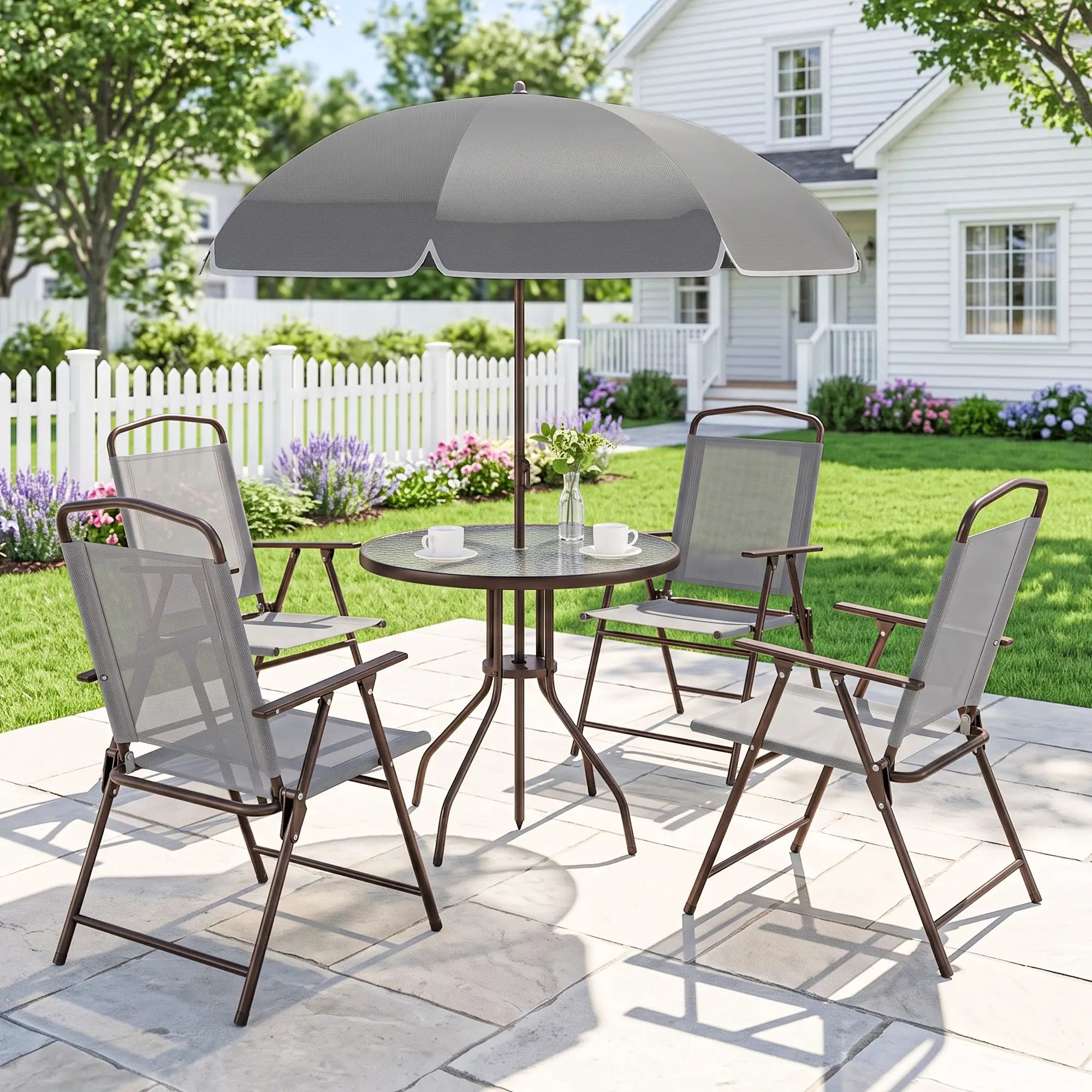 6-Piece Outdoor Dining Set, Round Table, 4 Folding Chairs, Grey Outdoor Dining Sets at Gallery Canada