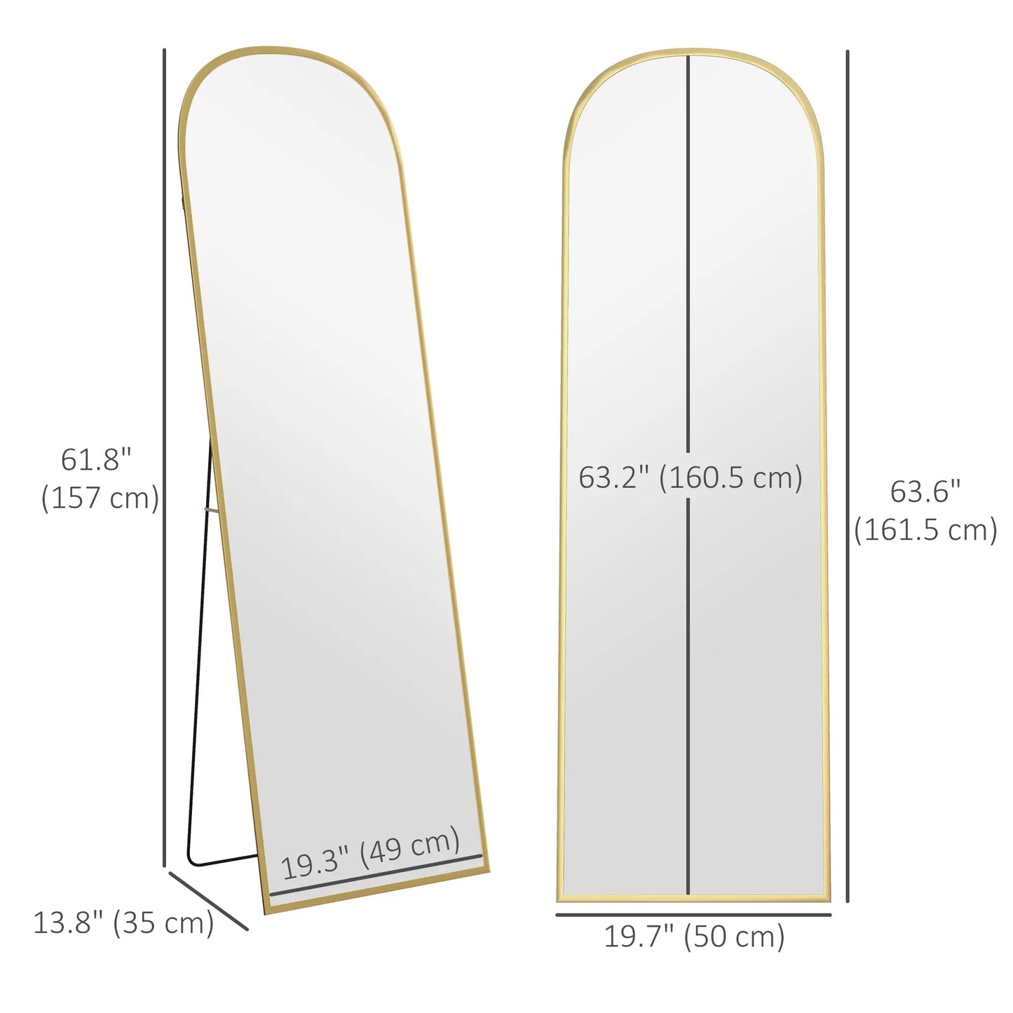 Arched Standing Mirror, 64" x 20", Full Length, Wall Mountable, Gold Full Length Mirrors at Gallery Canada