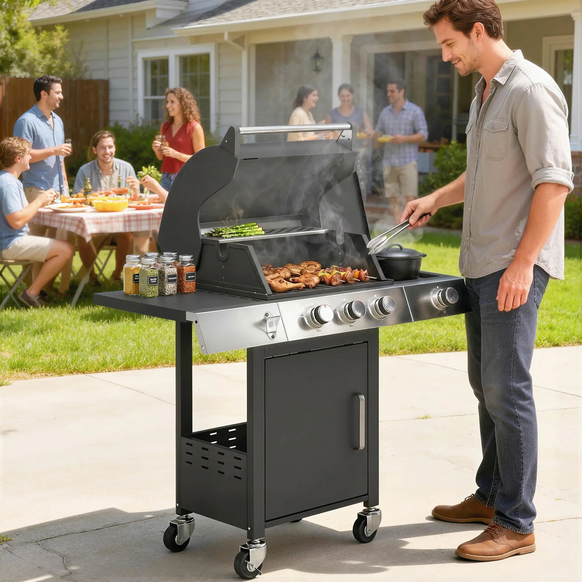 3 Burner Propane Gas Grill, 36,000 BTU, Cast Iron Grates, Wheels, Warming Rack Propane Gas Grills at Gallery Canada