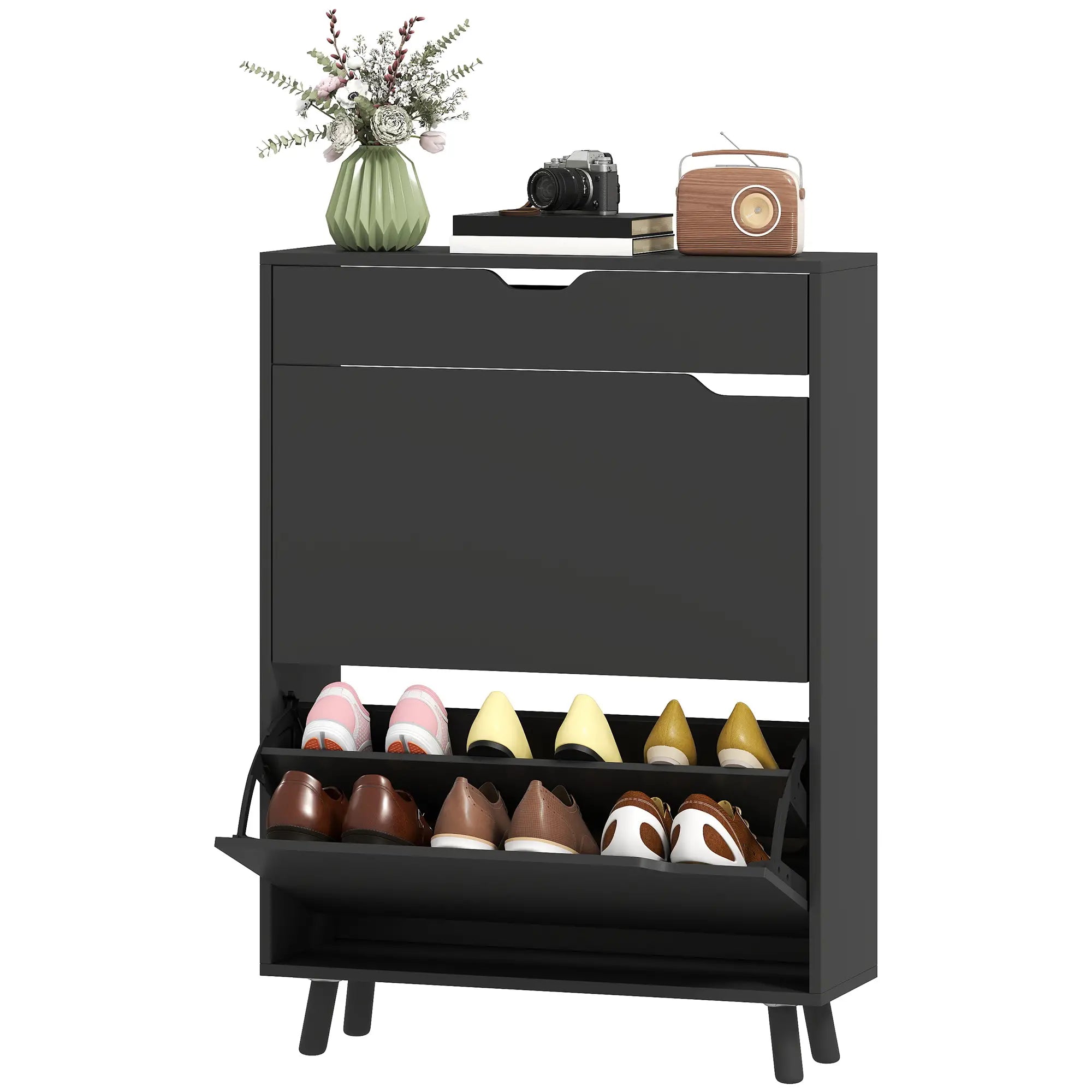 Narrow Shoe Cabinet, 2 Flip Drawers, Top Drawer, Adjustable Shelves, Black Shoe Storage Cabinets & Racks Black at Gallery Canada