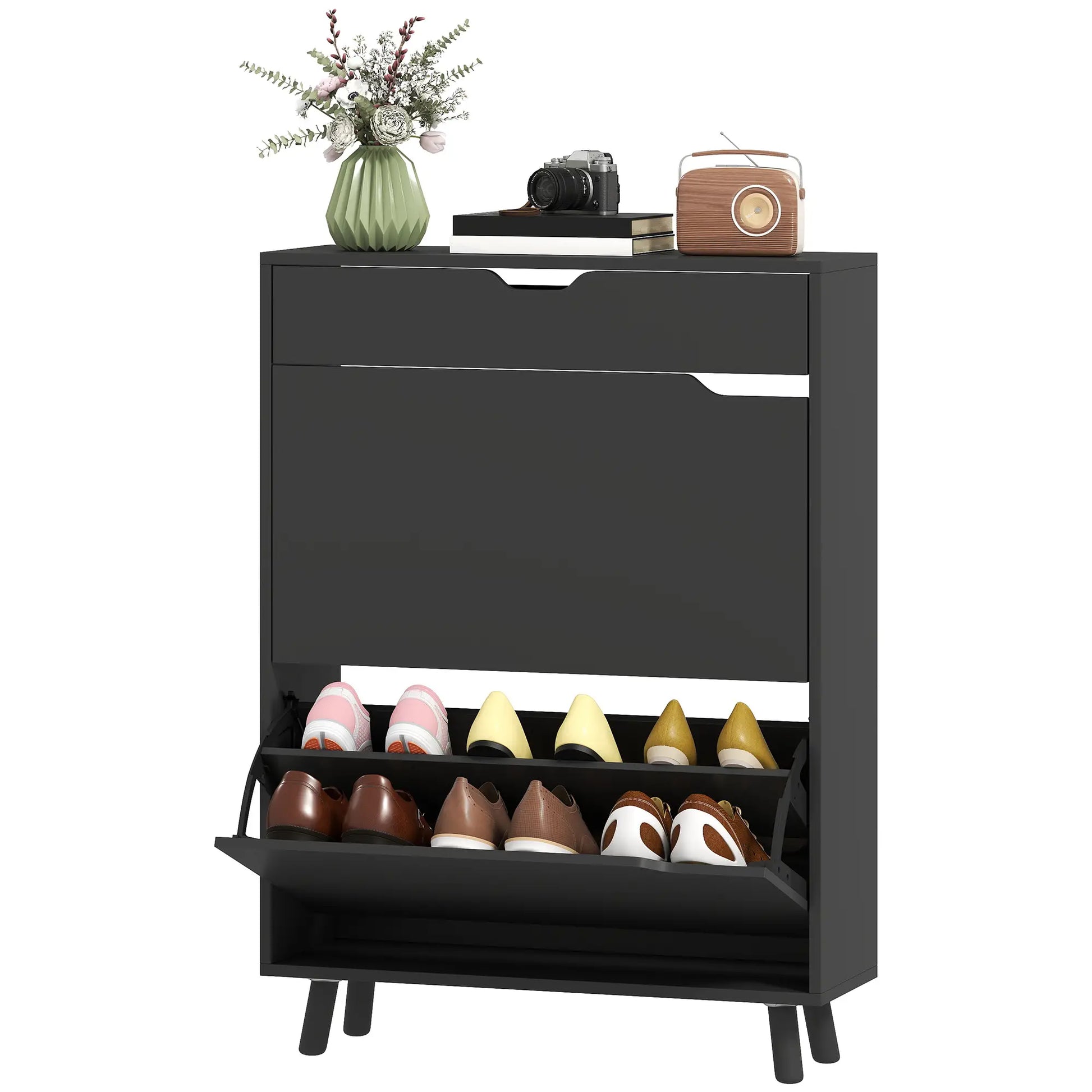 Narrow Shoe Cabinet, 2 Flip Drawers, Top Drawer, Adjustable Shelves, Black Shoe Storage Cabinets & Racks Black at Gallery Canada