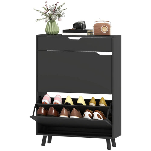 Narrow Shoe Cabinet, 2 Flip Drawers, Top Drawer, Adjustable Shelves, Black