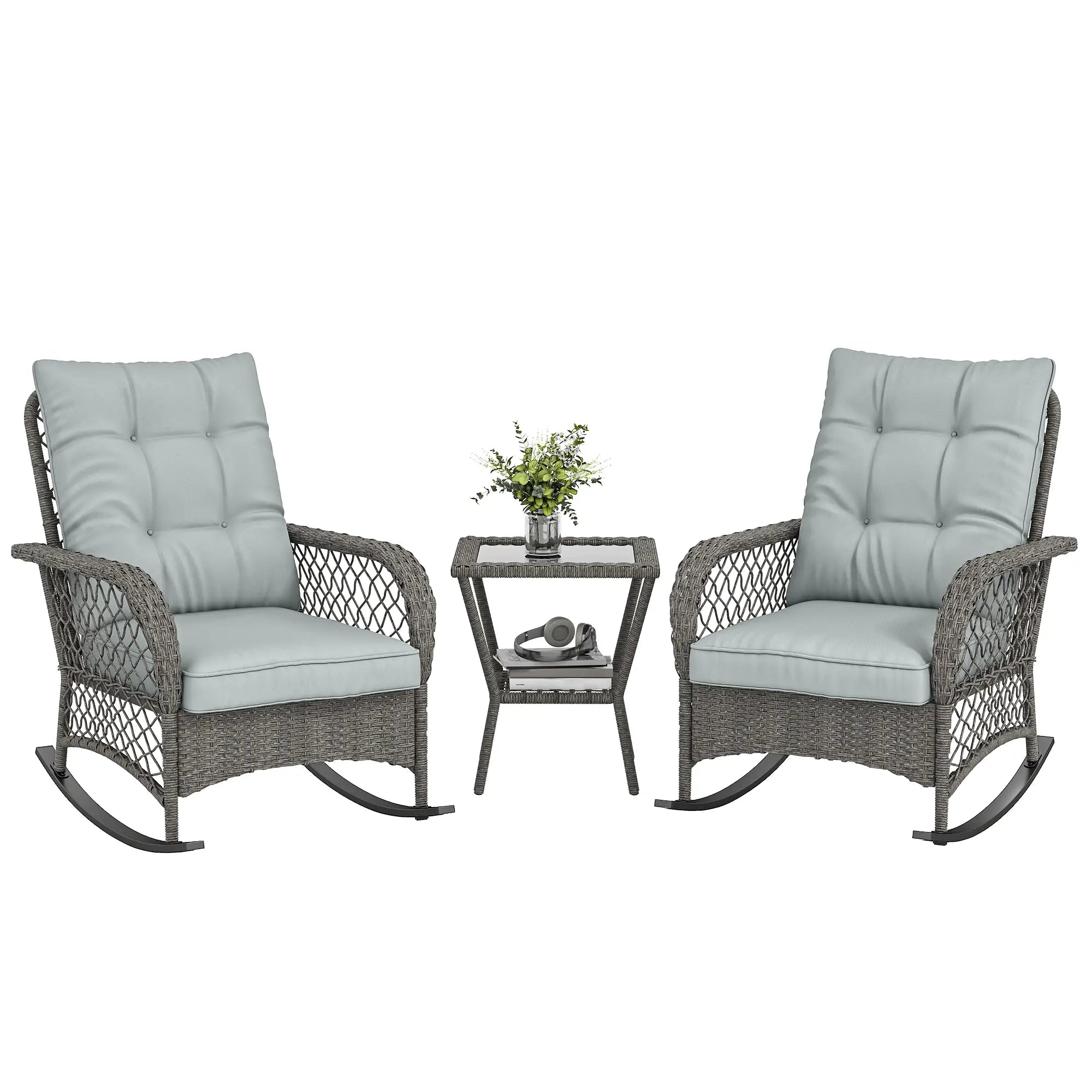 3 Piece Wicker Patio Furniture, Rocking Bistro Set, High Back Rocking Chairs, 2-Tier Glass Table, Light Grey Bistro Sets at Gallery Canada