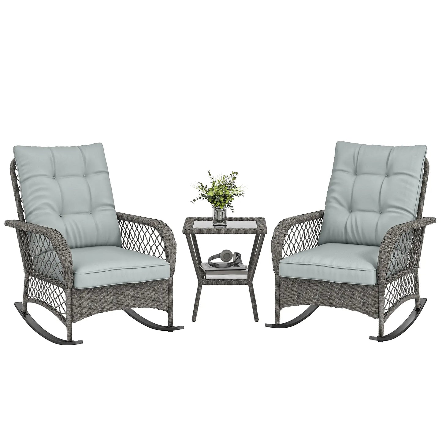 3 Piece Wicker Patio Furniture, Rocking Bistro Set, High Back Rocking Chairs, 2-Tier Glass Table, Light Grey Bistro Sets at Gallery Canada