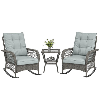3 Piece Wicker Patio Furniture, Rocking Bistro Set, High Back Rocking Chairs, 2-Tier Glass Table, Light Grey Bistro Sets at Gallery Canada