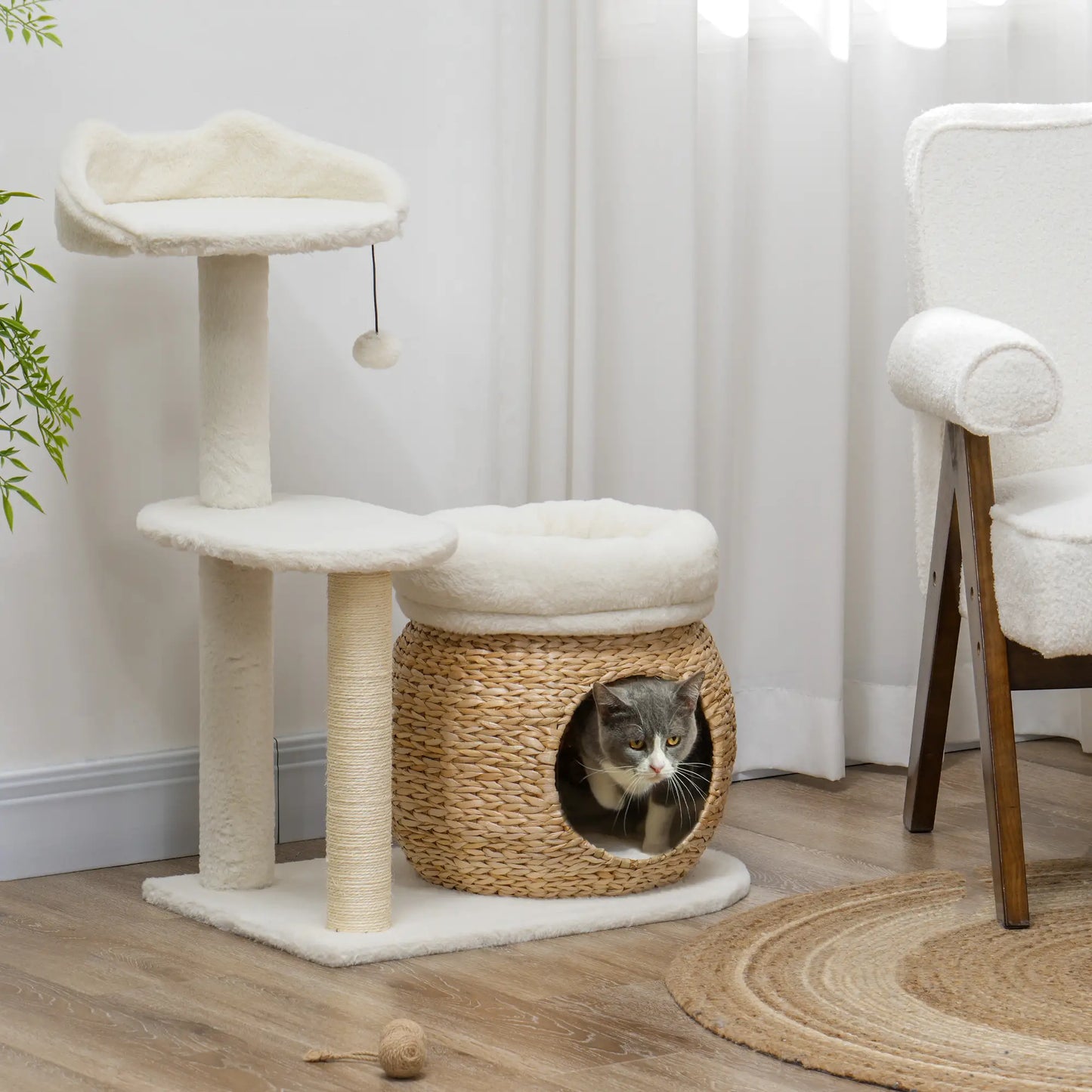 31" Cat Tree Tower, Scratching Posts, Condo, Beds, Platform, Toy Ball, Cream White Cat Towers at Gallery Canada