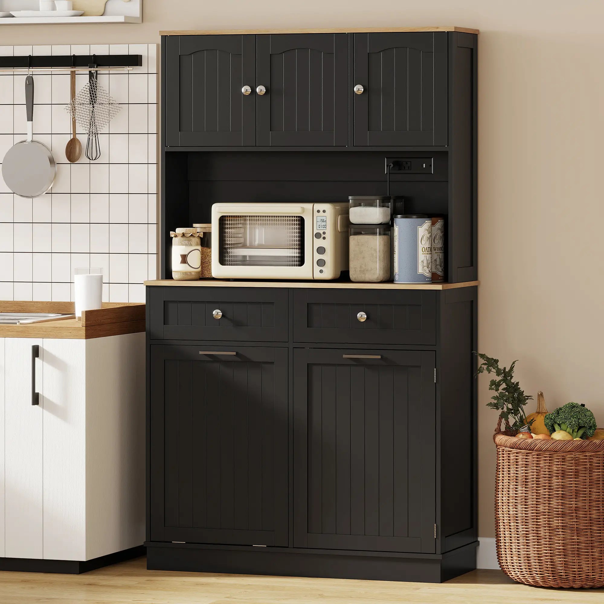 68 Inch Pantry Cabinet with Charging Station, Microwave Stand, Trash Can, Black Kitchen Pantry Cabinets at Gallery Canada