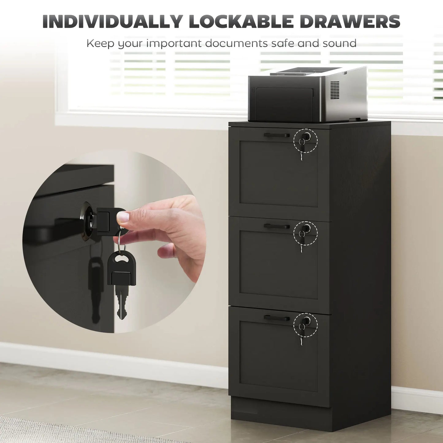 Vertical 3-Drawer Filing Cabinet, Lock, A4 Letter Size, Black Office Cabinets & Cupboards at Gallery Canada