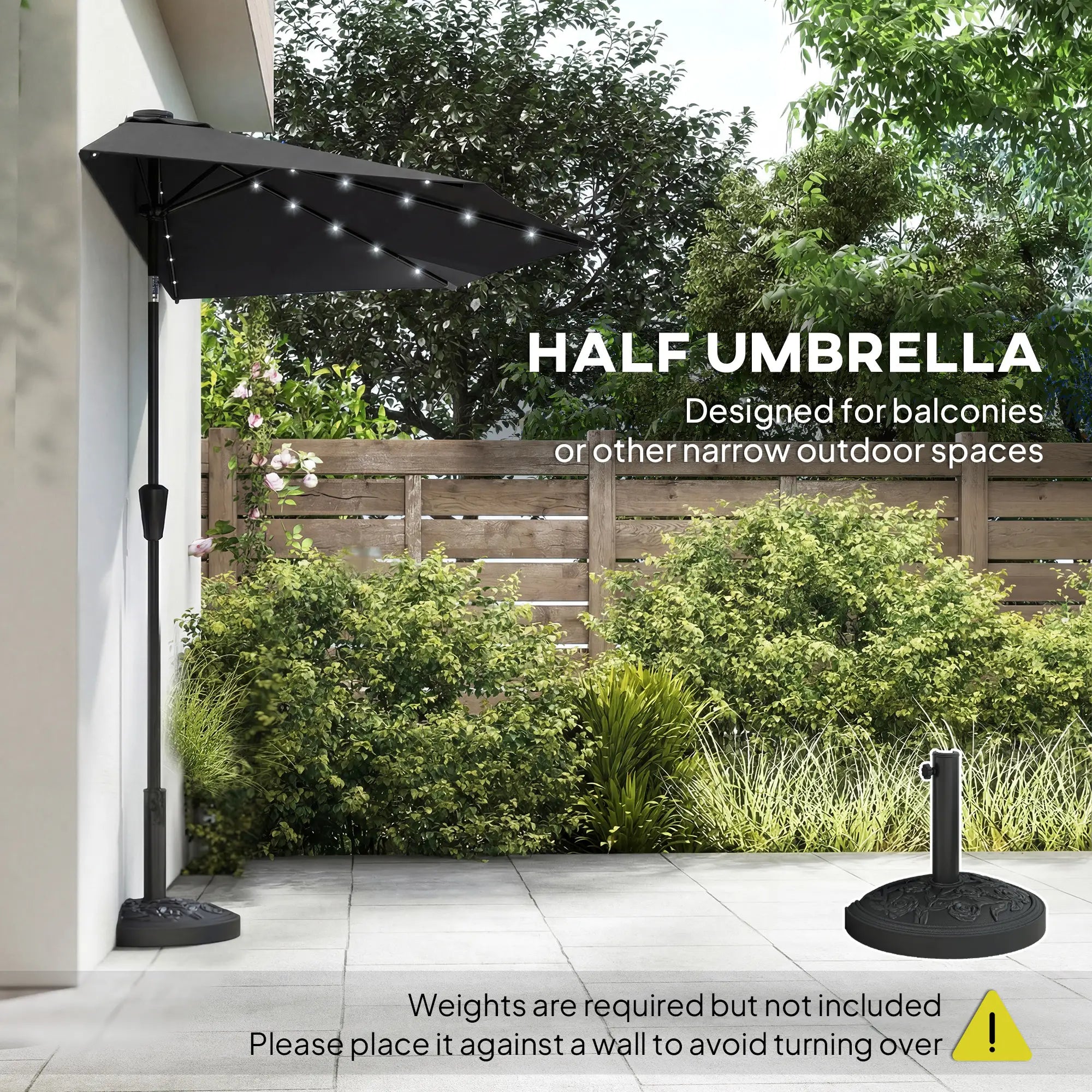 Half Outdoor Patio Umbrella, Solar LED Lights, Crank, 105.1