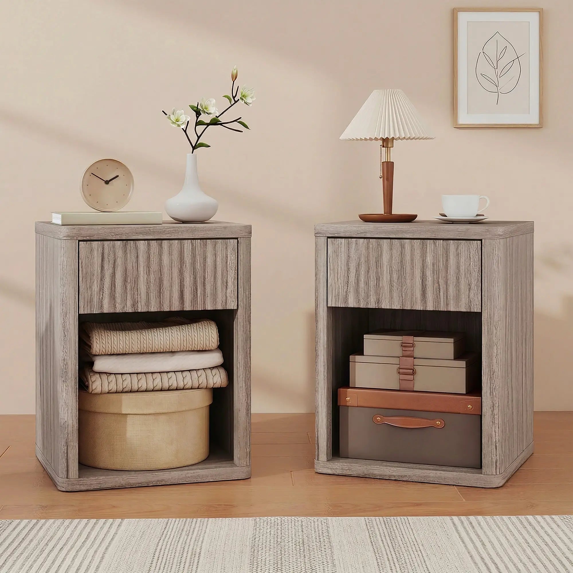 Modern Nightstand With Drawer, Open Shelf, Set Of 2, Grey Bedside Tables at Gallery Canada