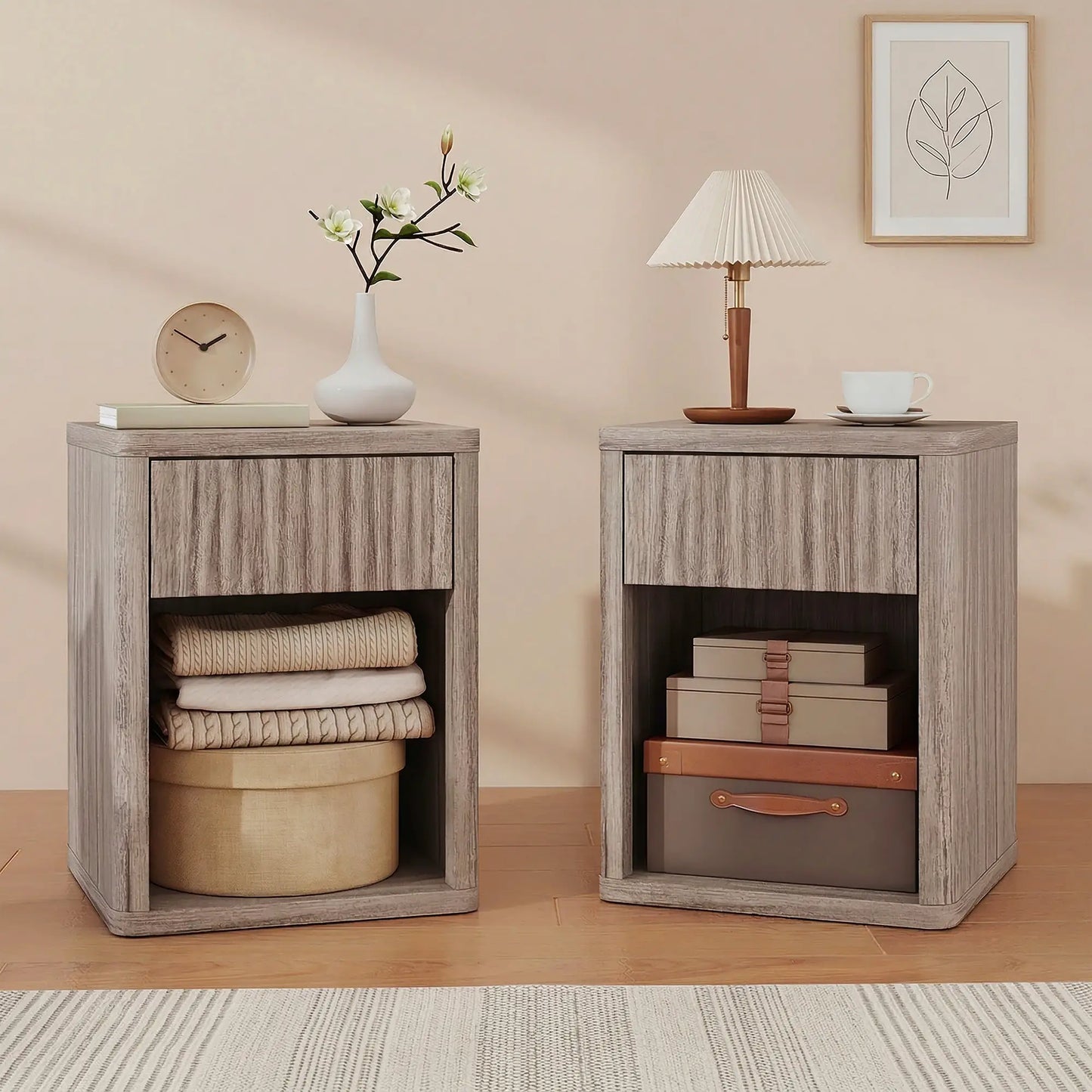 Modern Nightstand With Drawer, Open Shelf, Set Of 2, Grey Bedside Tables at Gallery Canada
