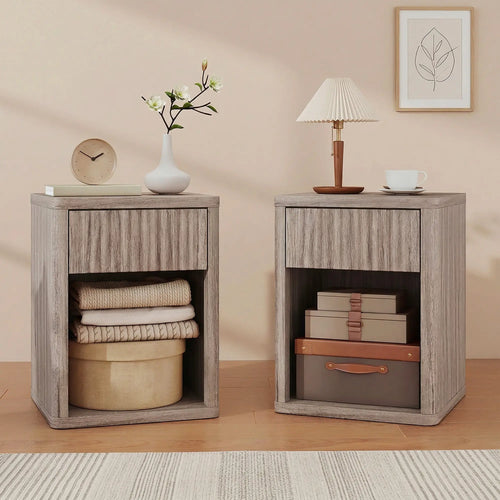 Modern Nightstand With Drawer, Open Shelf, Set Of 2, Grey