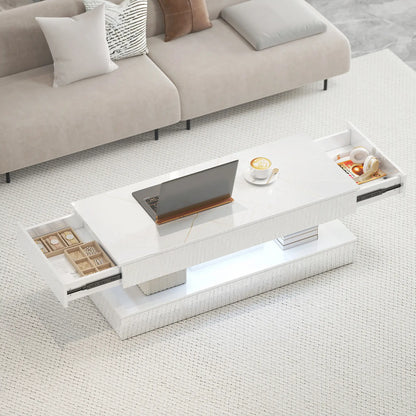 Adjustable LED Coffee Table, 2 Drawers, Open Shelf, Remote, White Coffee Tables at Gallery Canada