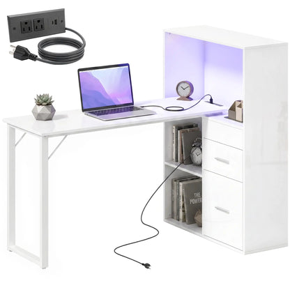 54" Computer Desk With Drawers, Power Outlets, LED Lights, White Computer Desks White at Gallery Canada