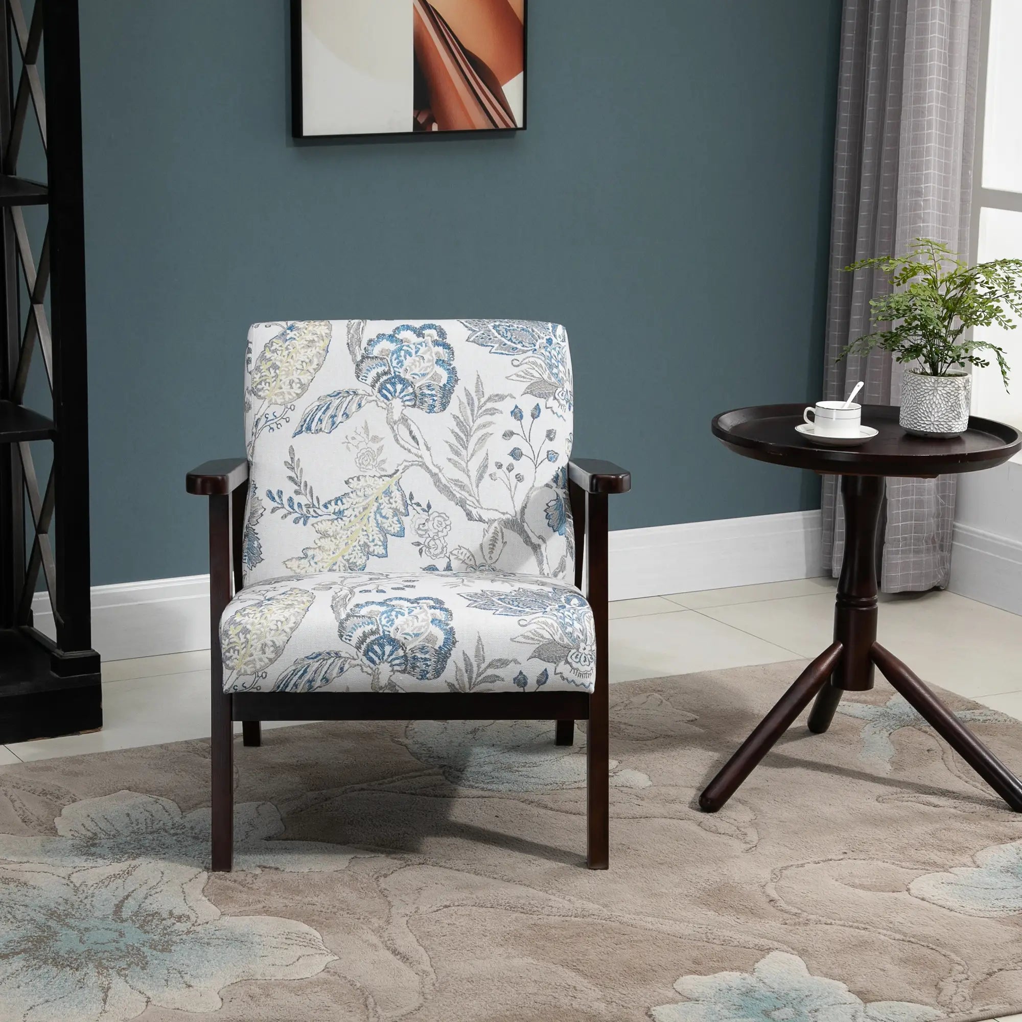 Mid-Century Modern Accent Chair, Retro Fabric Armchair, Wooden Arm, Floral Accent Chairs at Gallery Canada