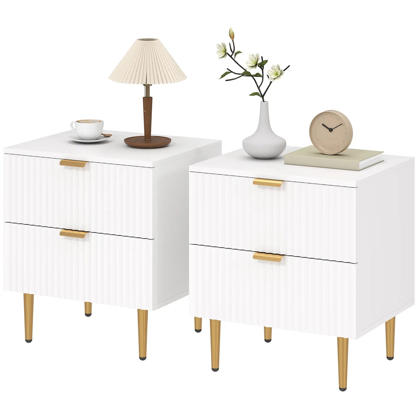 Bedside Table, Modern Nightstand with 2 Drawers, Side End Table with Metal Legs for Living Room, Bedroom, White