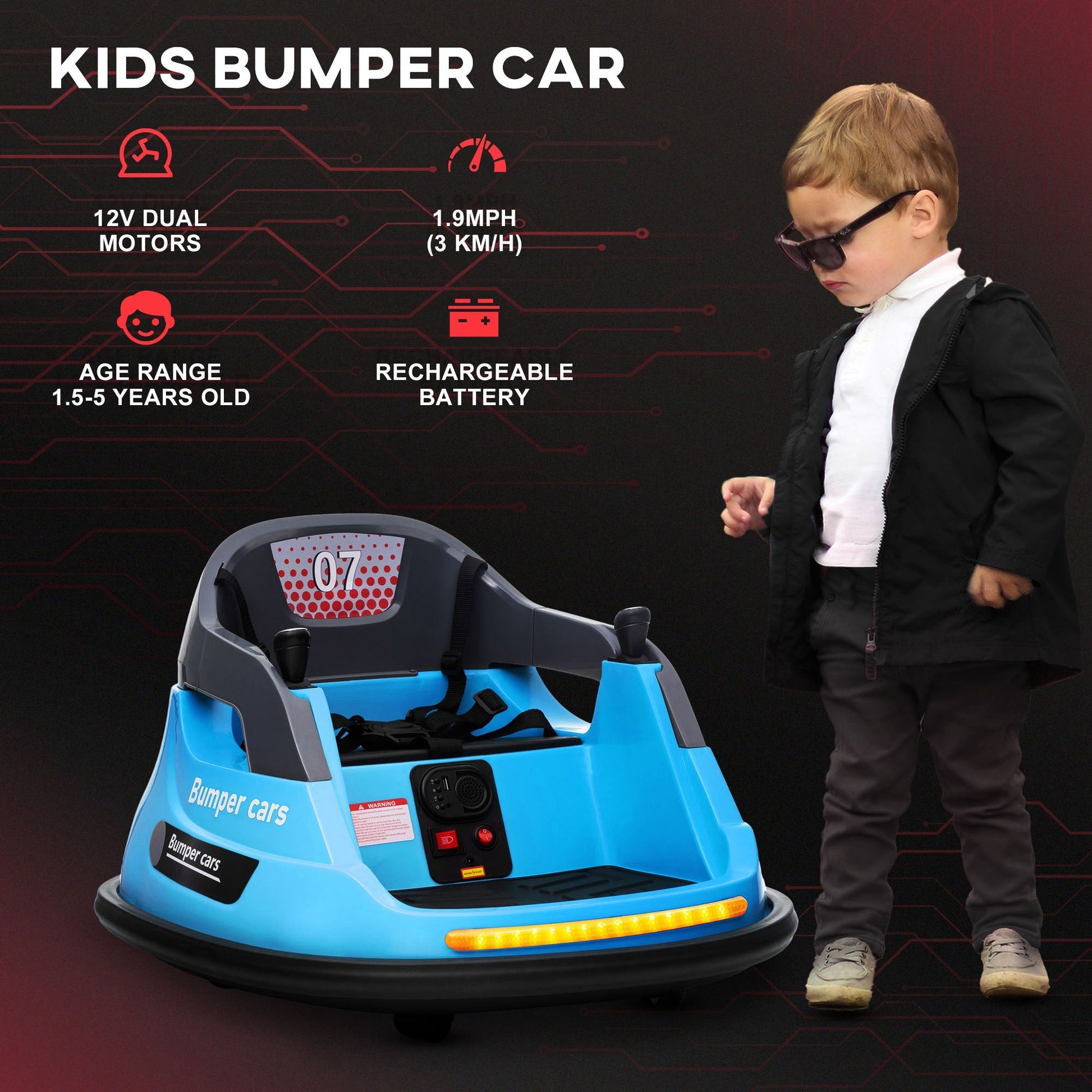 Bumper Car 12V 360° Rotation Electric Car for Kids, with Remote, Safety Belt, Lights, Music, for 1.5-5 Years Old, Blue - Gallery Canada
