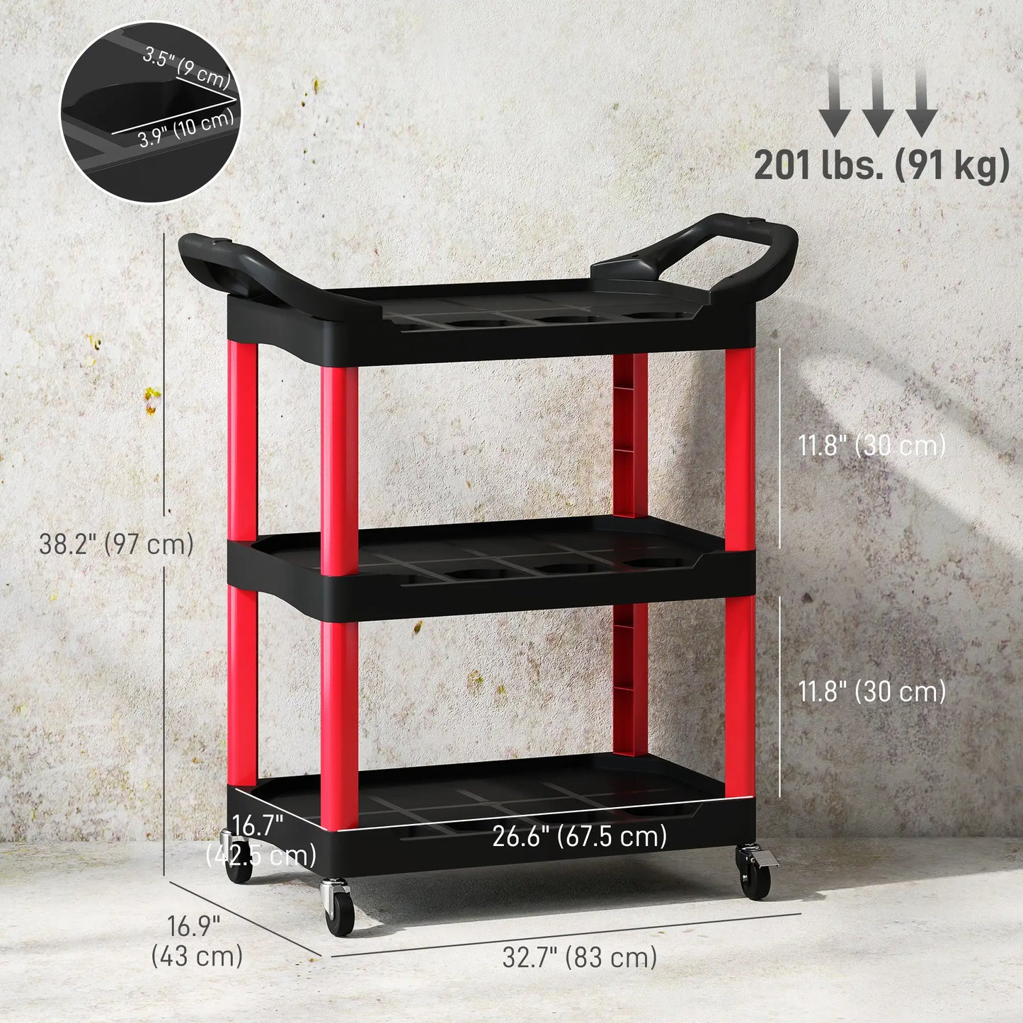 3-Tier Rolling Tool Cart, 200 LBS Capacity, Black & Red Tool Organizers at Gallery Canada
