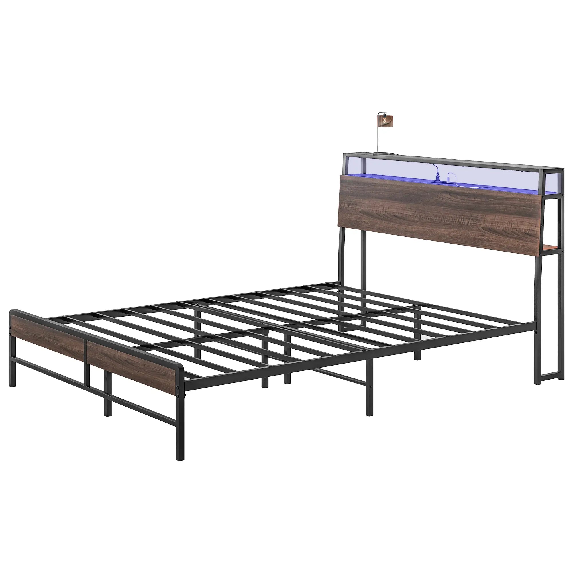 Queen Size Bed Frame with LED Lights, Charging Station, Storage Headboard, Walnut Bedroom Furniture Walnut, Black at Gallery Canada