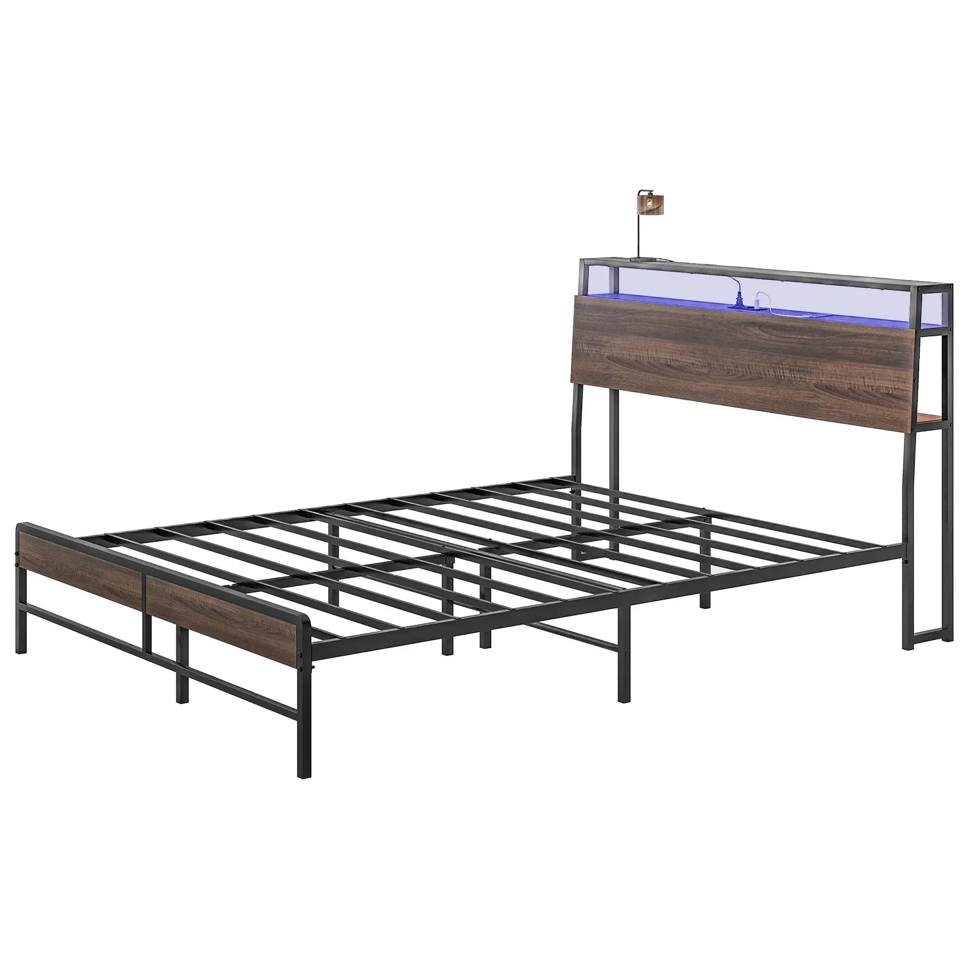 Queen Size Bed Frame with LED Lights, Charging Station, Storage Headboard, Walnut Bedroom Furniture Walnut, Black at Gallery Canada