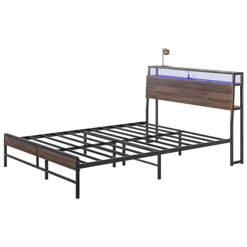 Queen Size Bed Frame with LED Lights, Charging Station, Storage Headboard, Walnut
