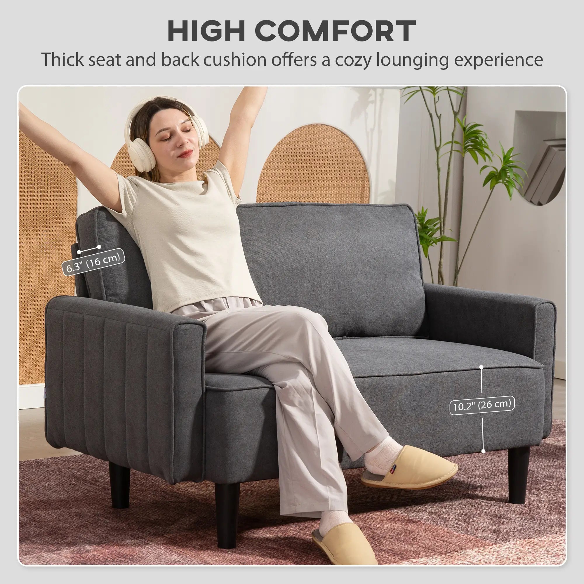 Linen Loveseat Sofa, 2 Seater with Thick Padded Seat, Dark Grey 2-Seater Sofas at Gallery Canada