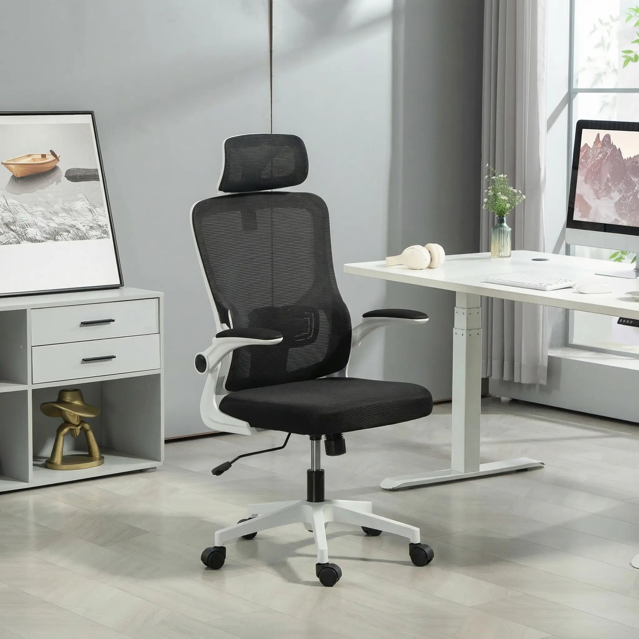 Mesh Office Chair, High Back with Headrest, Lumbar Support, Adjustable Height, Black Executive & Manager Chairs at Gallery Canada