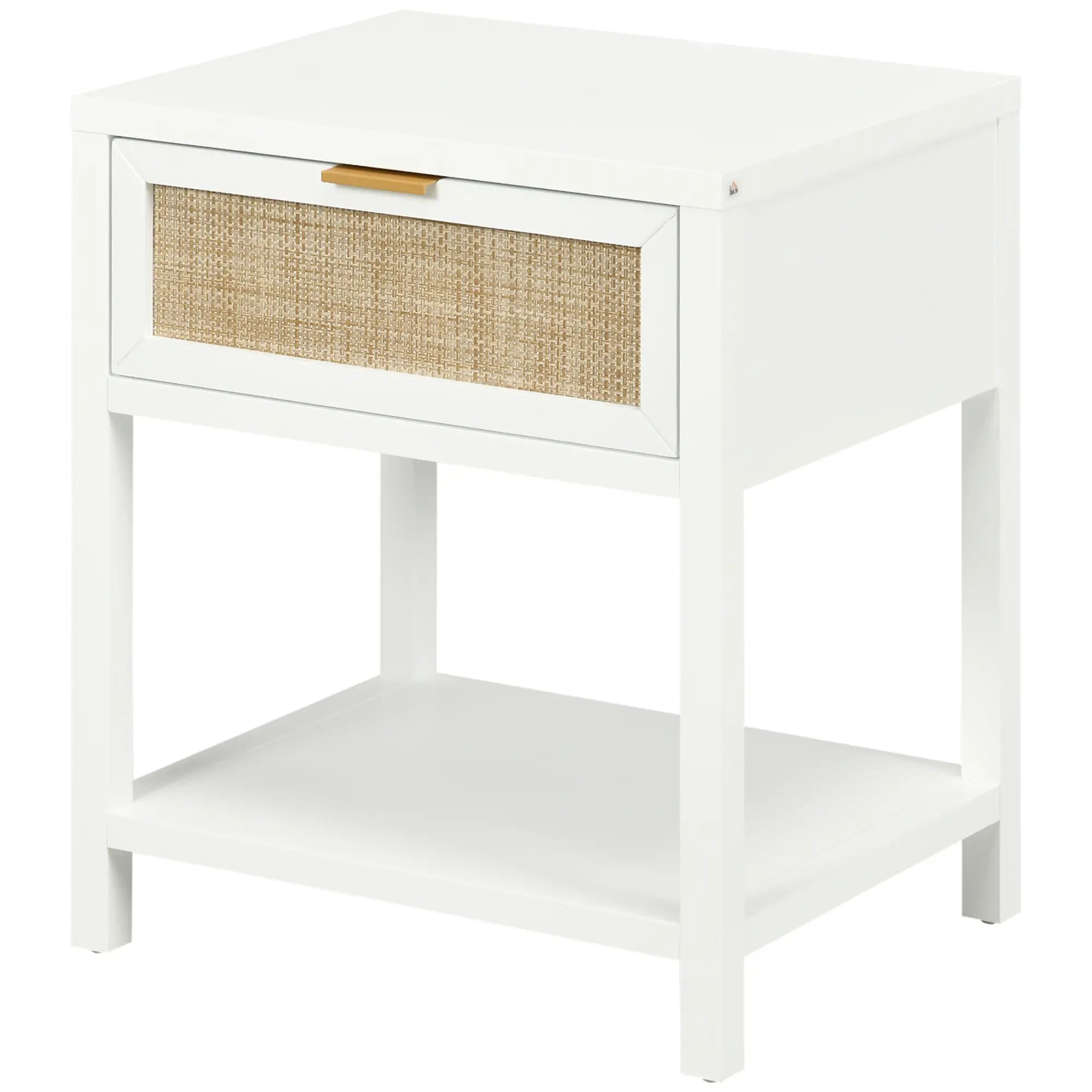 Boho Nightstand, Bedside Table with Rattan Drawer, Open Shelf Bedside Tables White at Gallery Canada