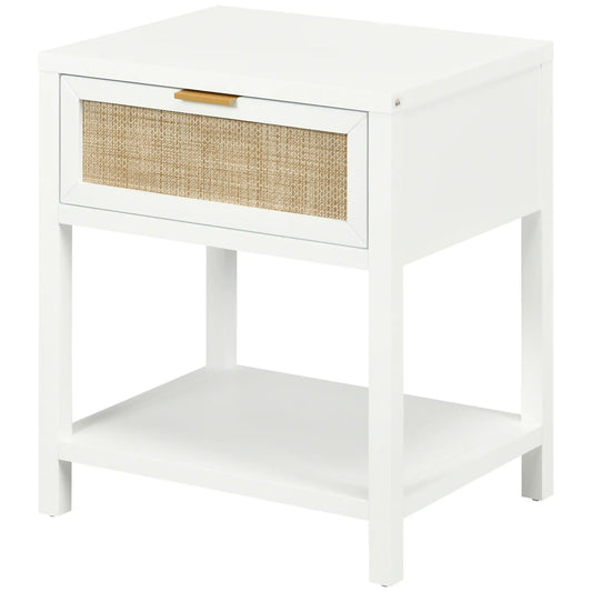 Boho Nightstand, Bedside Table with Rattan Drawer, Open Shelf Bedside Tables White at Gallery Canada