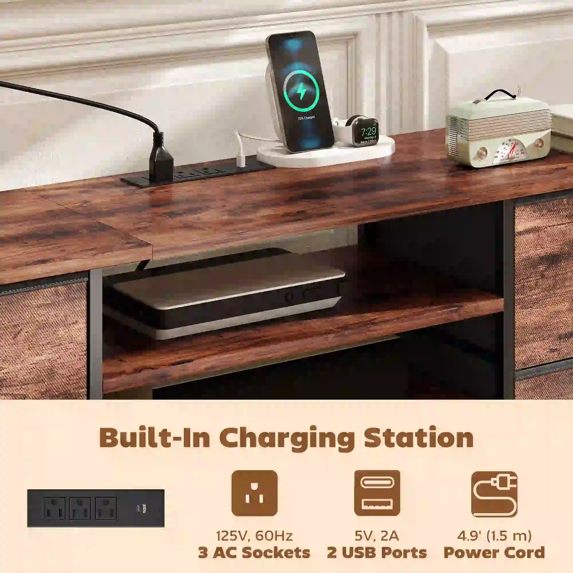 TV Stand For 65 Inch TVs, Industrial Console With Charging Station, 5 Drawers, Rustic Brown TV Stands at Gallery Canada