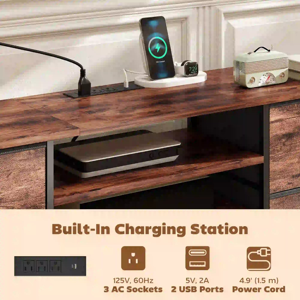 TV Stand For 65 Inch TVs, Industrial Console With Charging Station, 5 Drawers, Rustic Brown TV Stands at Gallery Canada