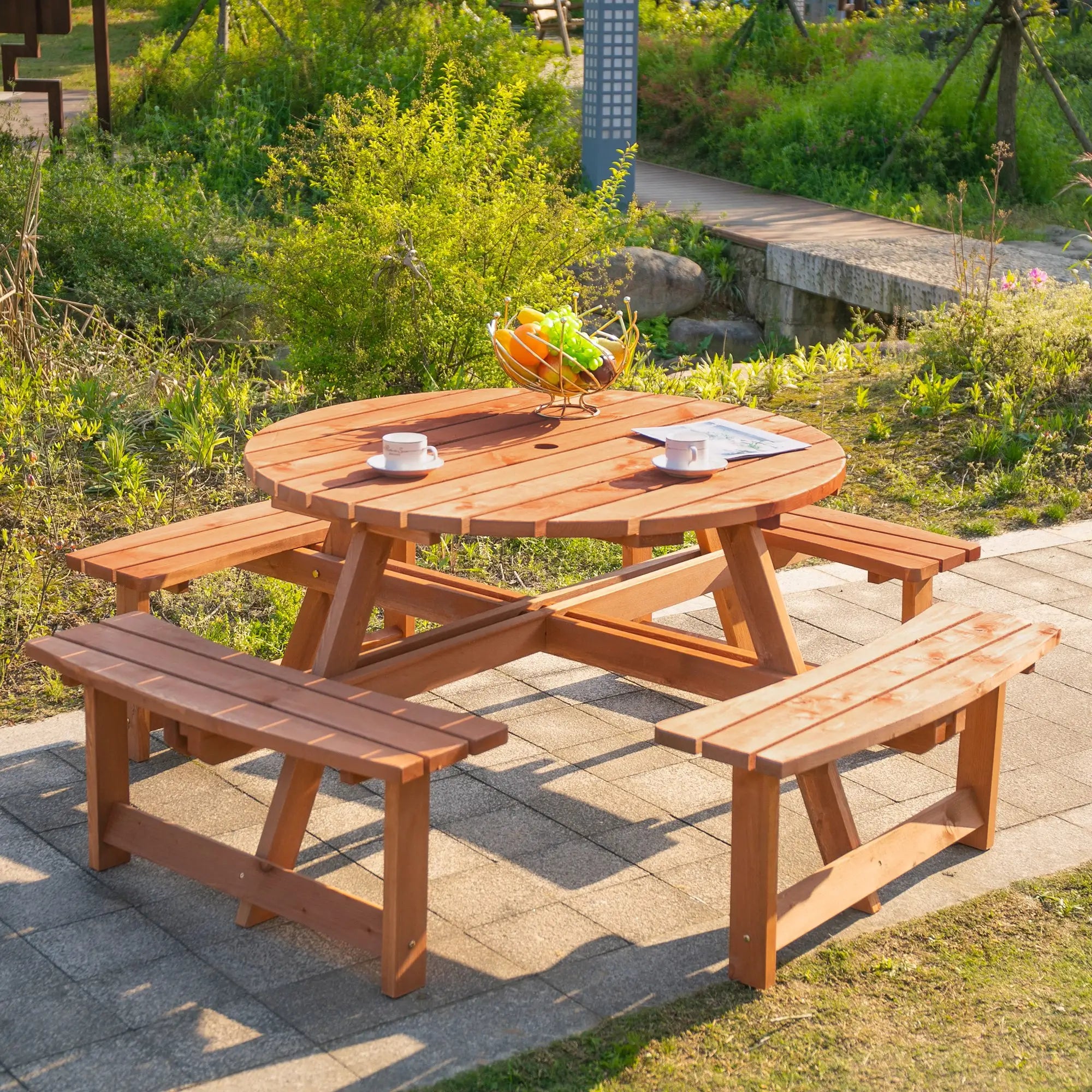 8 Seater Round Wooden Pub Bench, Picnic Table, Outdoor Patio Dining Set Outdoor Dining Sets at Gallery Canada