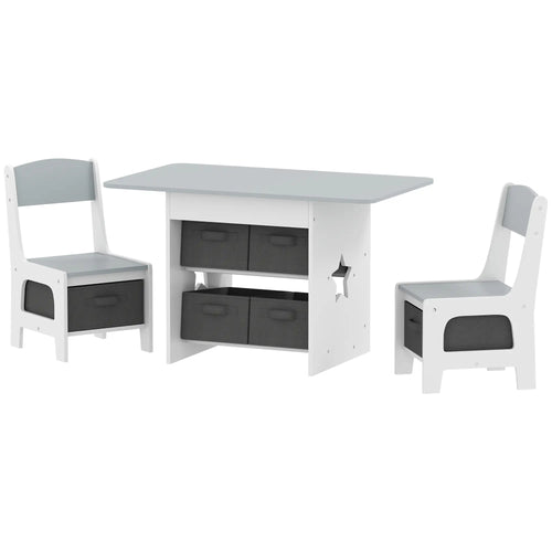 3 Piece Kids Table and Chair Set, 6 Removable Drawers, Light Grey