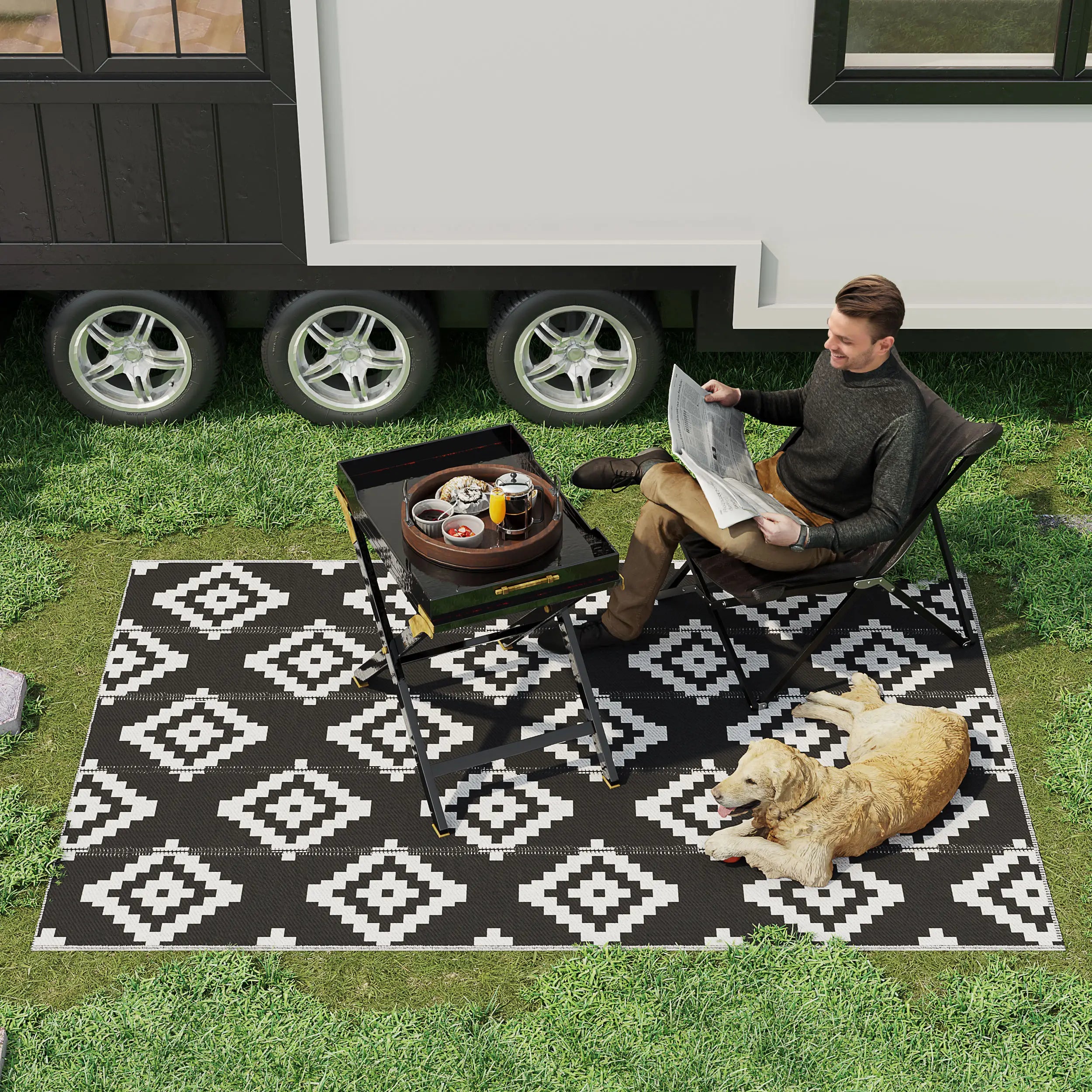 Reversible Outdoor RV Rug, 6' x 9', Patio Mat, Black & White Garden Decor at Gallery Canada