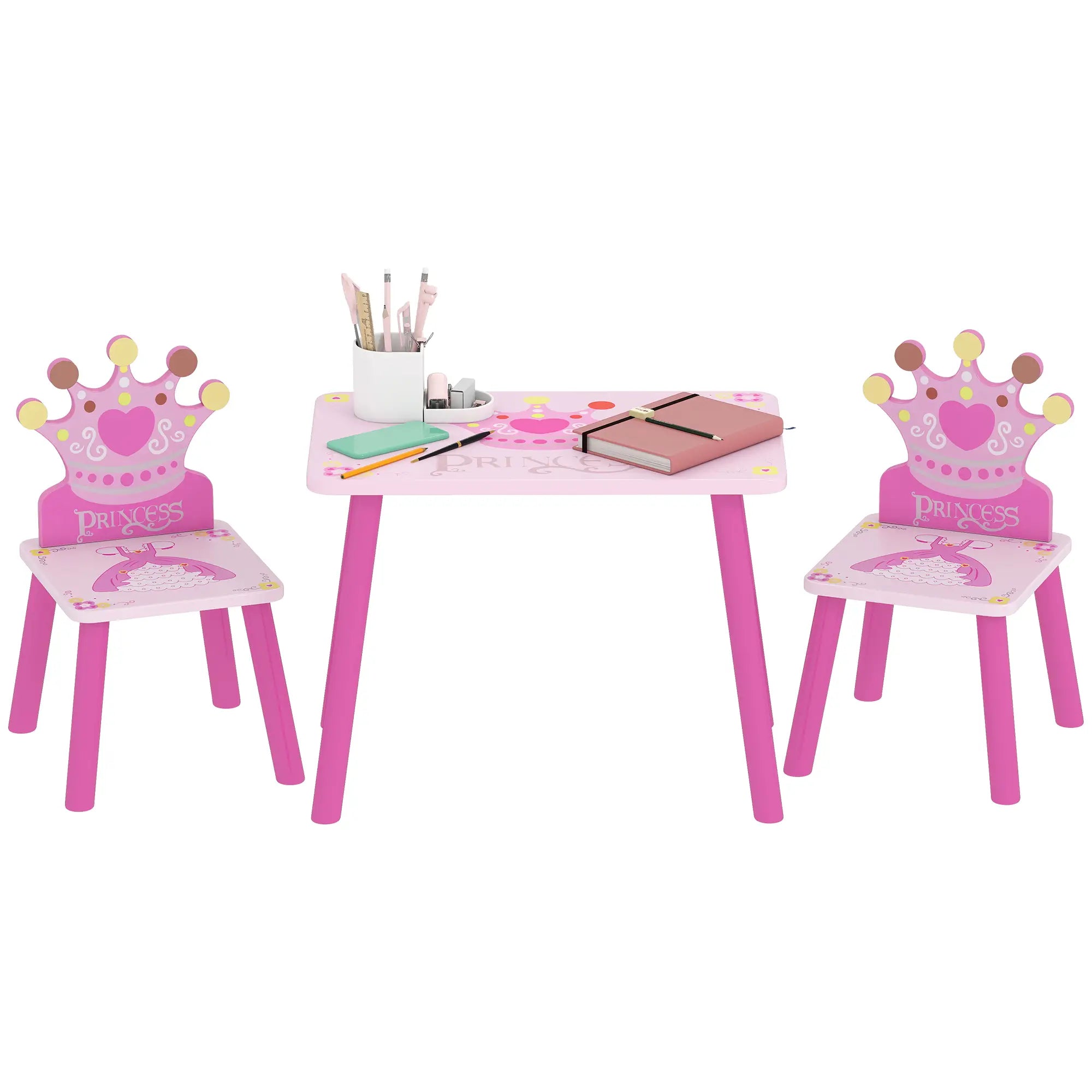 Kids Wooden Table Chair Set, Crown Pattern, Easy Clean, Age 2-4, Pink Kids Table Sets Pink at Gallery Canada