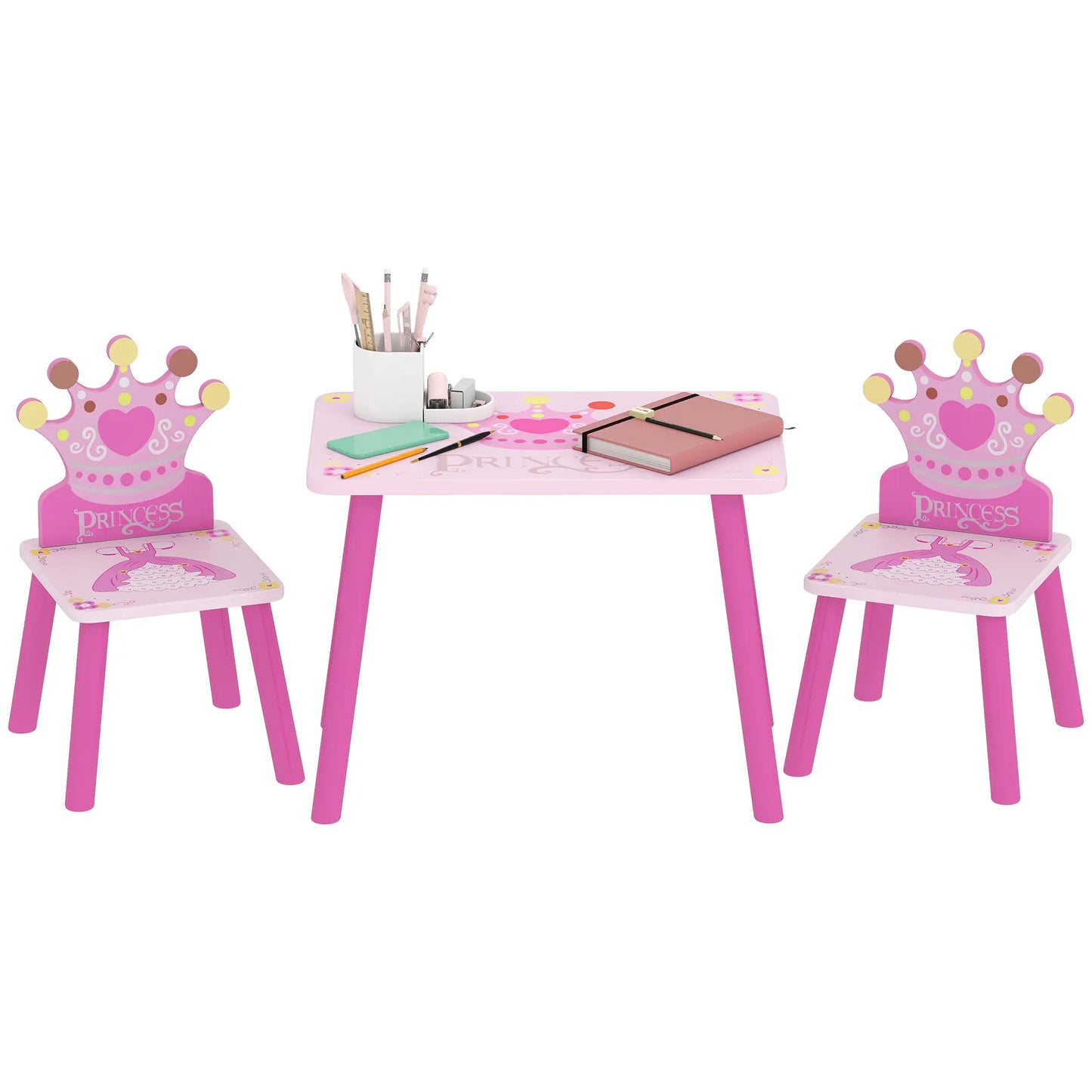 Kids Wooden Table Chair Set, Crown Pattern, Easy Clean, Age 2-4, Pink Kids Table Sets Pink at Gallery Canada