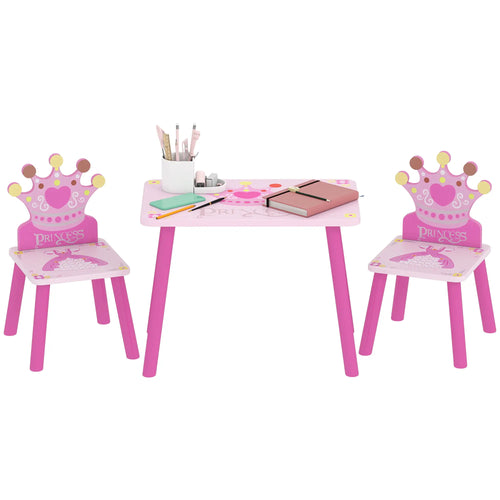Kids Wooden Table Chair Set, Crown Pattern, Easy Clean, Age 2-4, Pink
