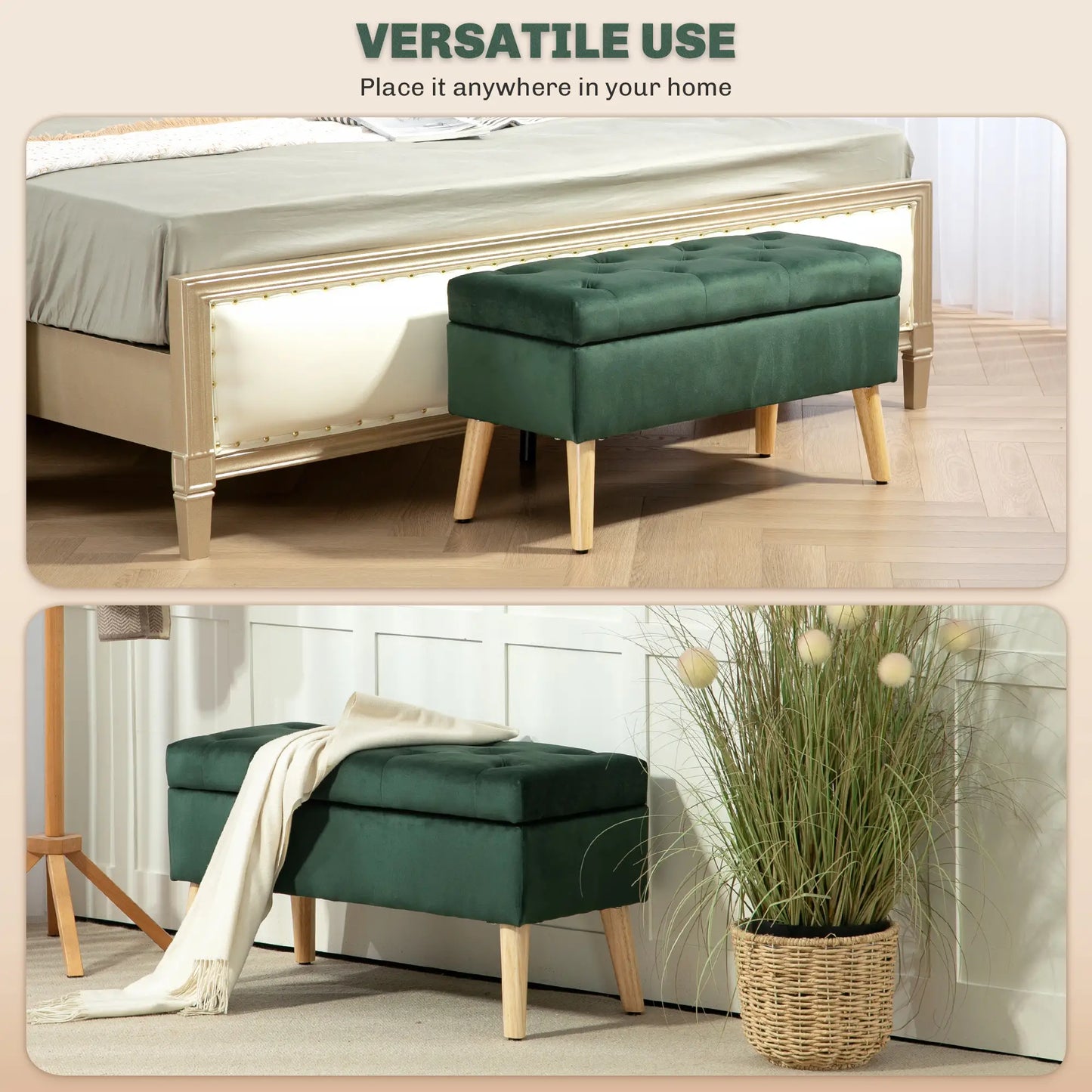 Velvet Storage Ottoman with Lid, Wood Legs, Dark Green Storage Ottomans & Benches at Gallery Canada